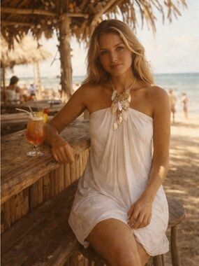 Y2K vintage summer dress white strapless sea shell halter size M fairy mermaid